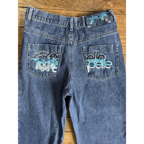 VTG Y2K Pelle Pelle Men’s Jeans Size 18 Blue White Embroidery Skater Hip Hop Str - Picture 2 of 7